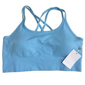 Zella Seamless Strappy Bra Blue Sky Removable Cups Moisture Wicking Stretch